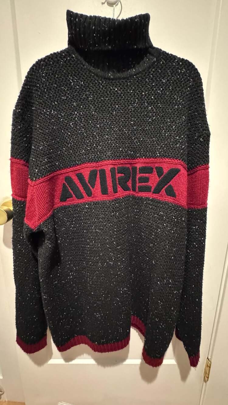 VTG Avirex Chunky Knit Turtleneck Spellout Sweater 3XL Black Red